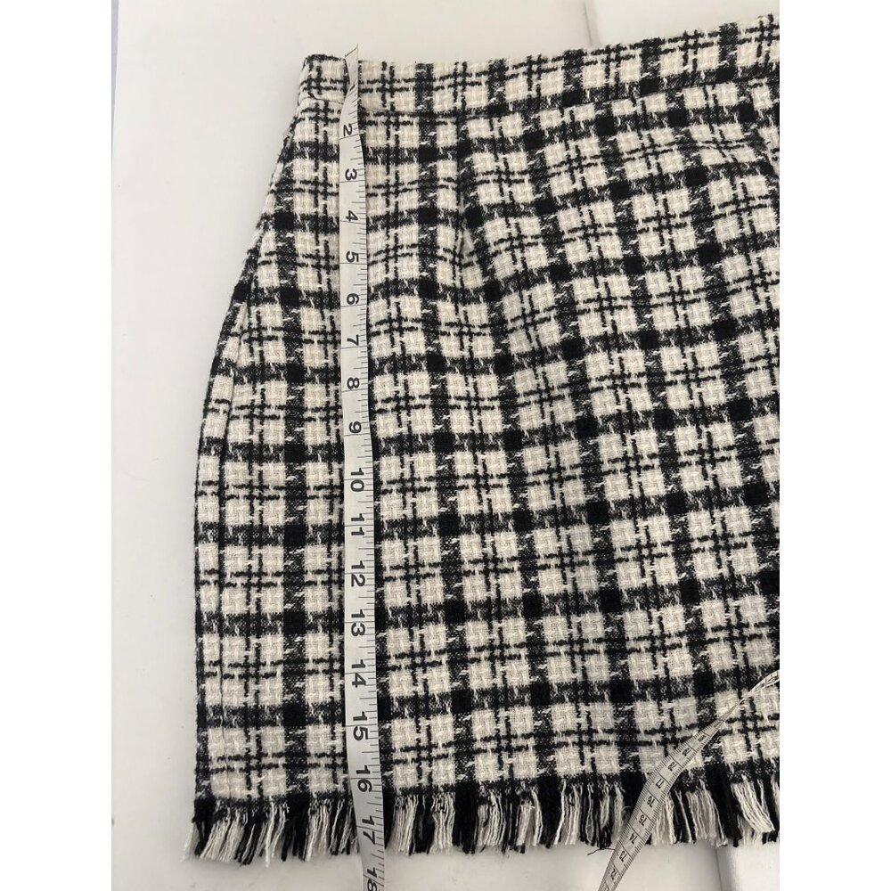 Preppy Tweed Plaid Skirt Large Mini Black & White Checkered Fringe Hem Classic - Picture 11 of 14